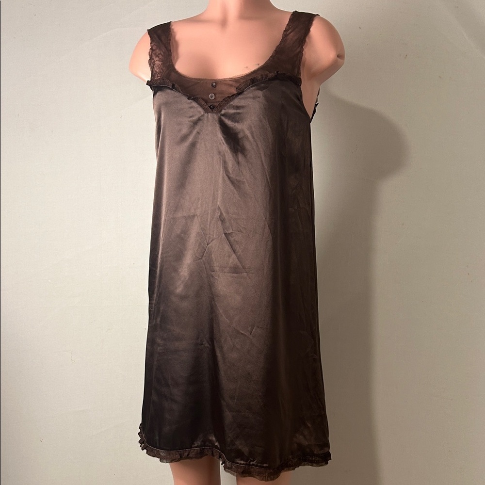 Vera Wang Brown Satin Lace-Trim Chemise